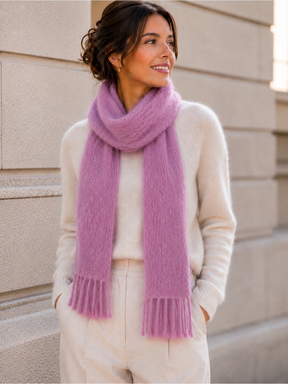 Lavender Angora Rabbit Hair Wool Blend Fuzzy Fringe Scarf 72% Angora Soft Luxury